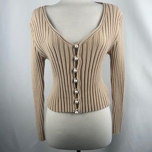 Tan ribbed cardigan with pearl buttons